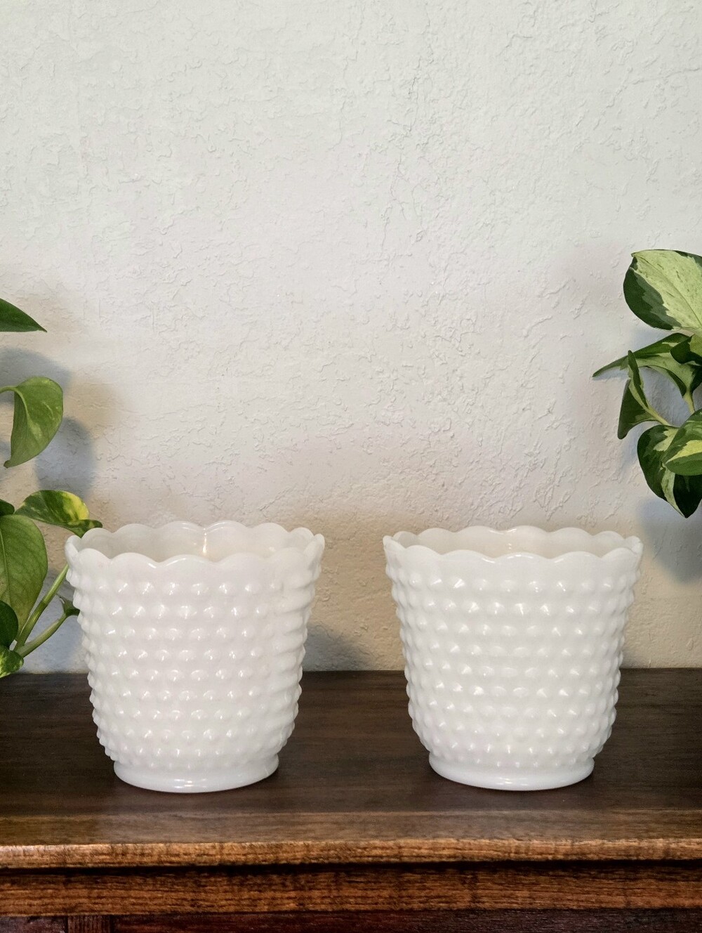 Fire King Vintage Milk Glass Planters Vases Hobnail Pattern Set Of 2